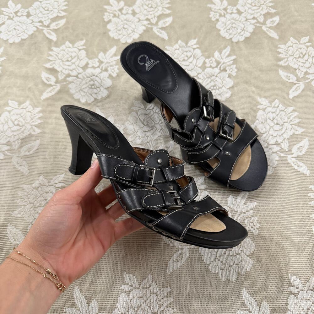 MIA Black Buckle Heeled Slide Sandals Size 8